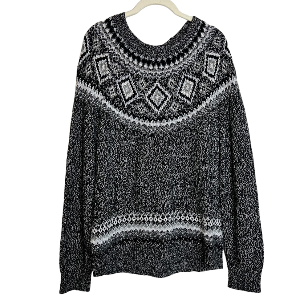 Old Navy Womens Nordic Sweater Large Black White Metallic Cotton Blend Fair Isle
